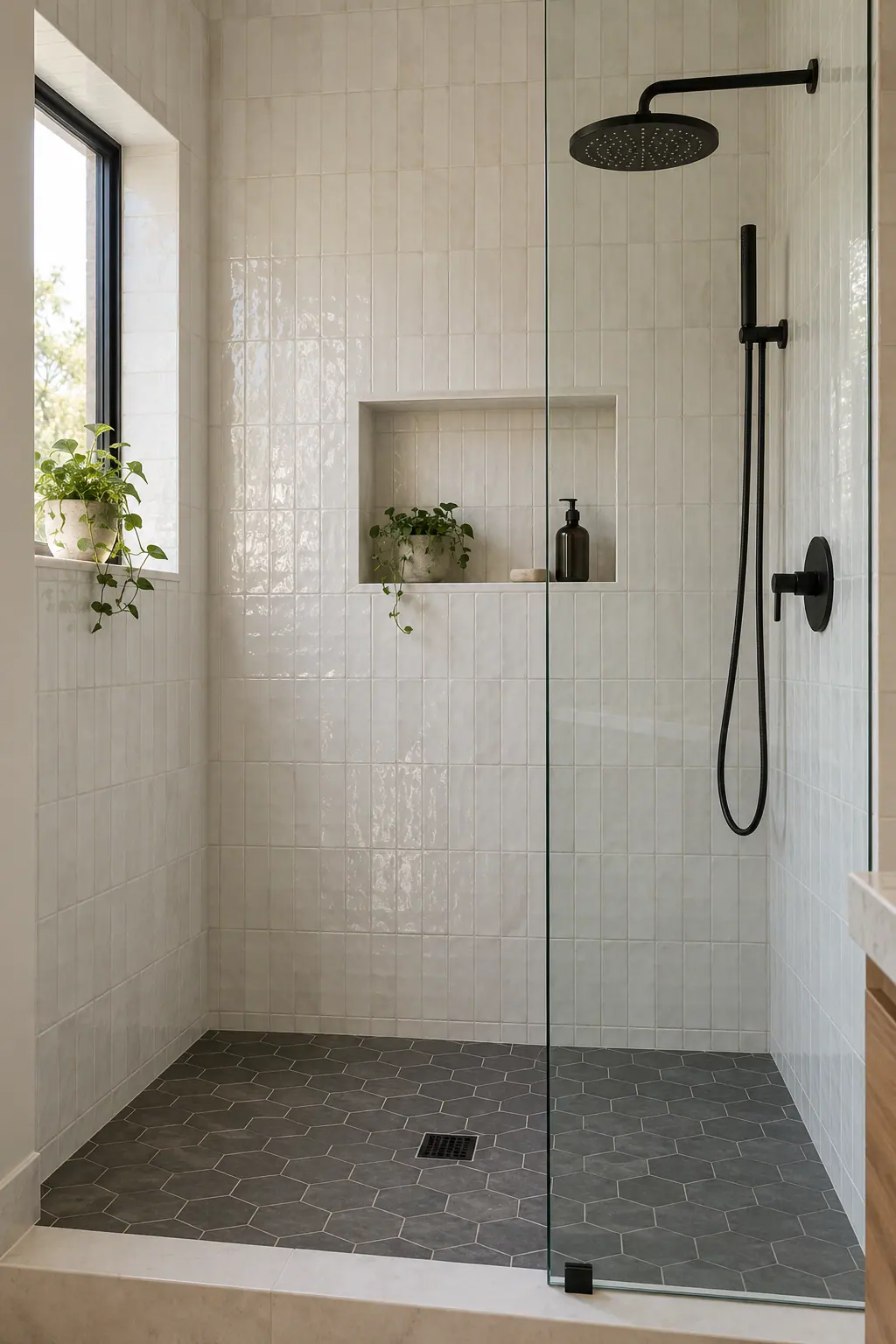 A walk-in shower with stacked white tile, a niche and black fixtures
