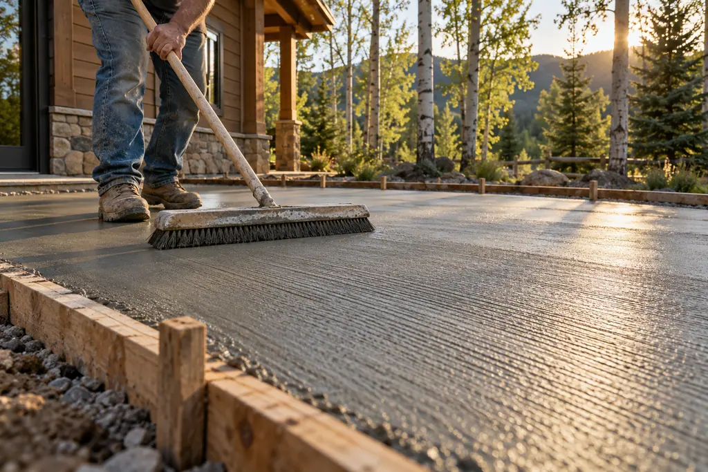 A finisher pulling a broom across a freshly poured concrete patio