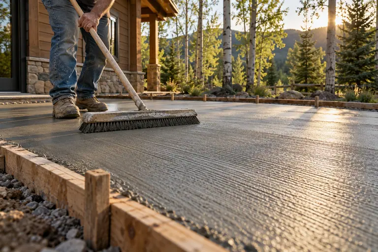 A finisher pulling a broom across a freshly poured concrete patio