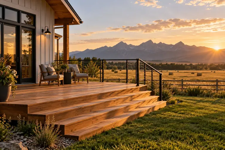 A new cedar deck with cable railing and wide steps at sunset, mountains beyond the field