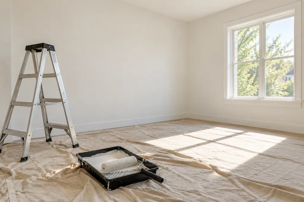A freshly painted room with a roller tray, a drop cloth and a stepladder