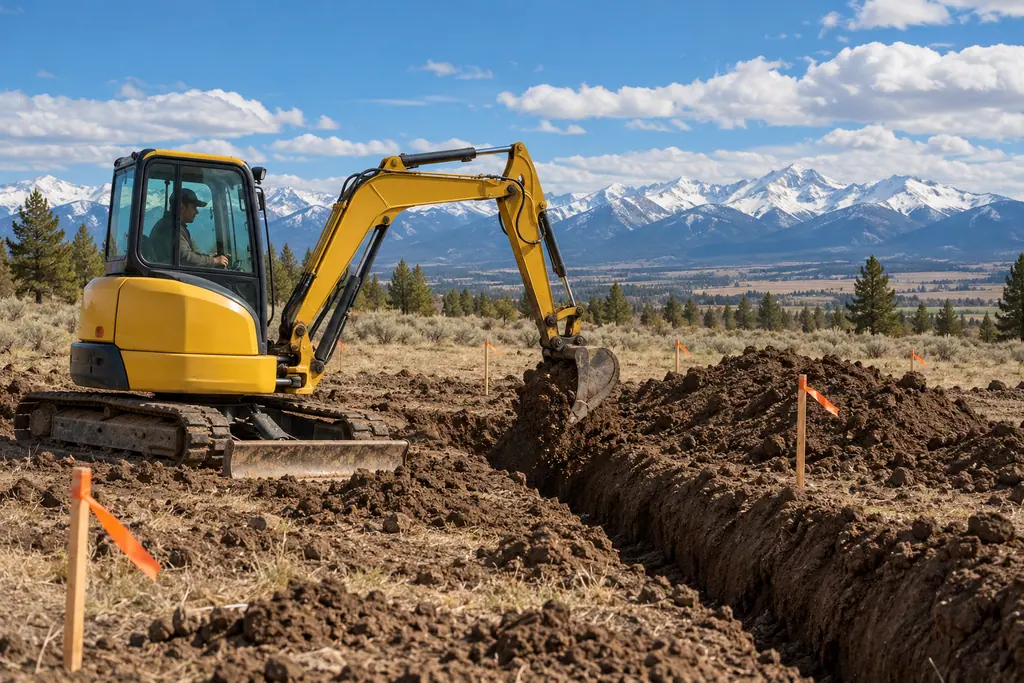A compact excavator digging a foundation trench on a lot below snowy mountains