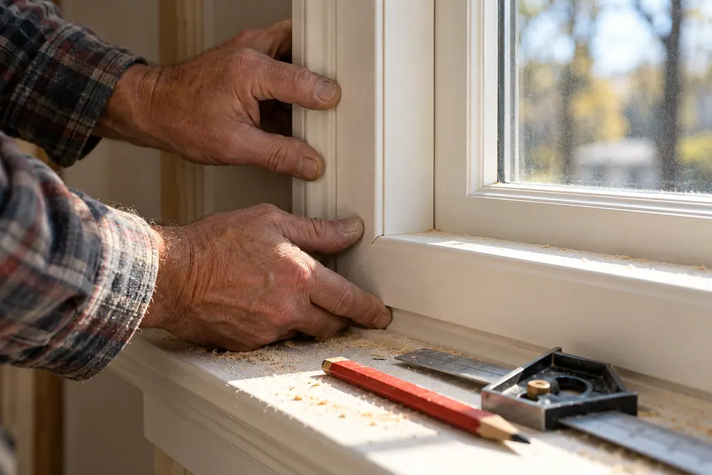 A carpenter's hands setting a mitered window casing, with a pencil and a square on the sill