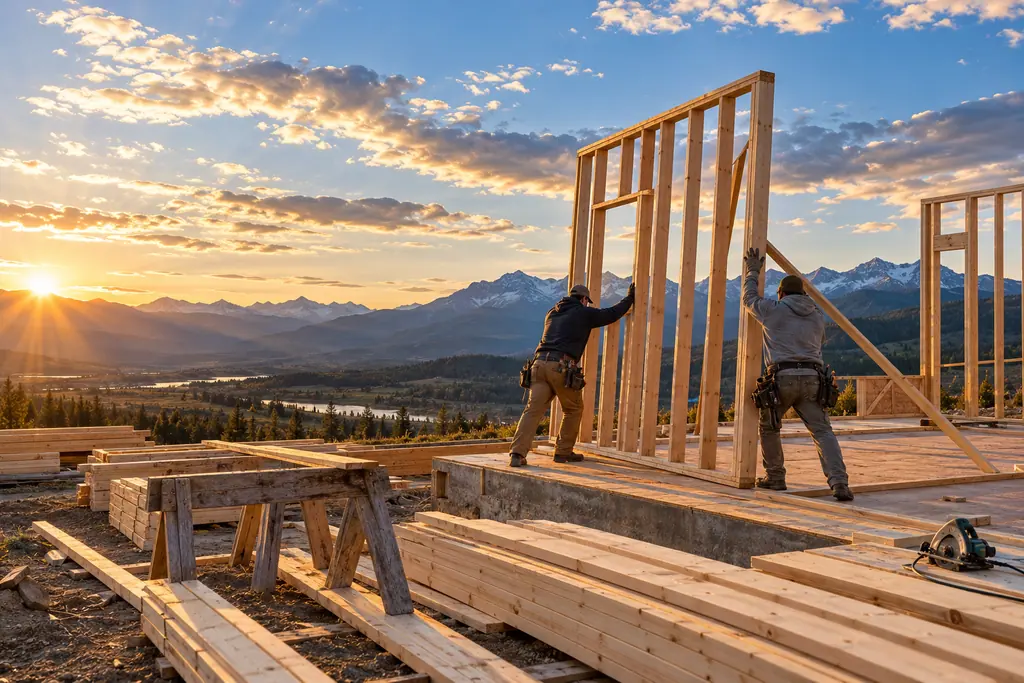 Two builders raising a framed wall on a new house under a big Montana sky