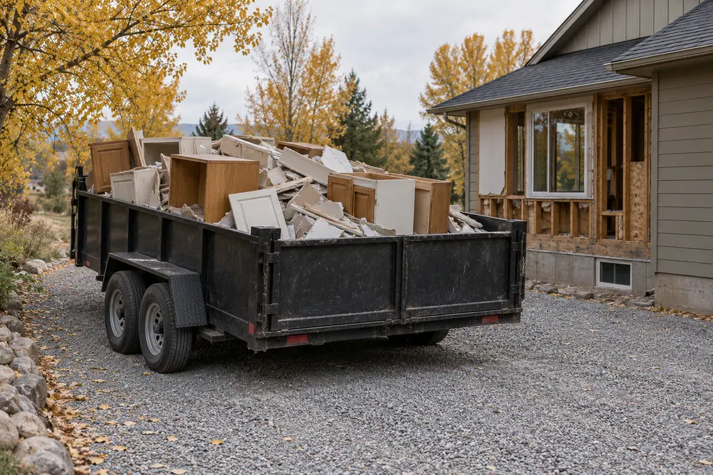 A dump trailer loaded with old cabinets and remodel debris in a gravel driveway