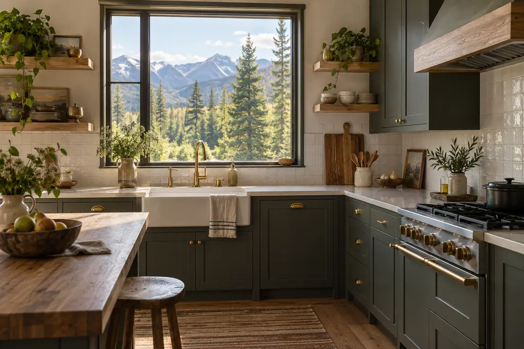 A remodeled kitchen with green-gray shaker cabinets, oak shelves and a window over the sink