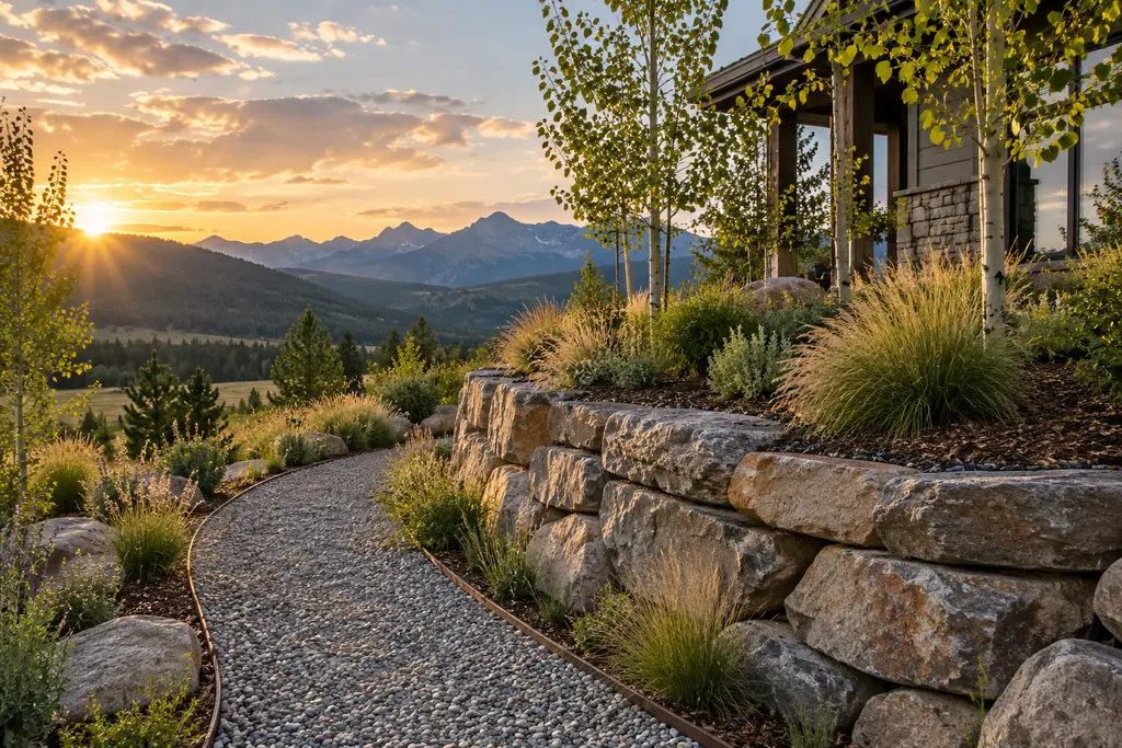 A dry-stacked stone retaining wall beside a gravel path and native grasses