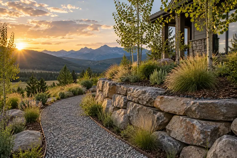 A dry-stacked stone retaining wall beside a gravel path and native grasses