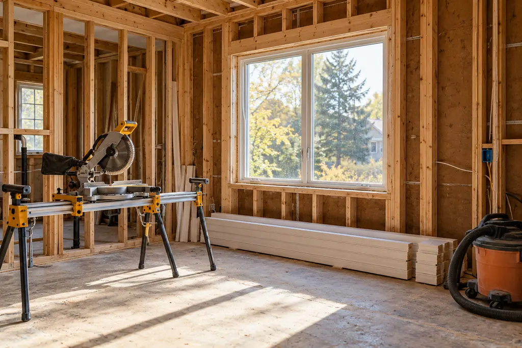 A room opened to the studs mid-remodel, with a miter saw set up and trim stacked