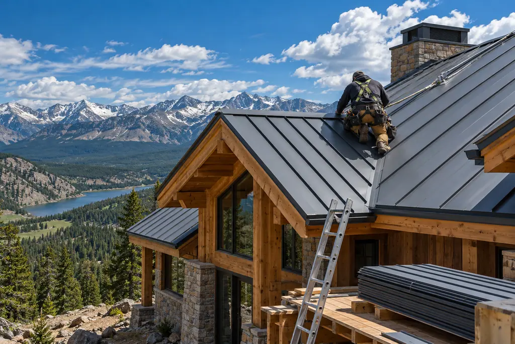 A roofer installing charcoal standing seam metal roofing on a mountain home