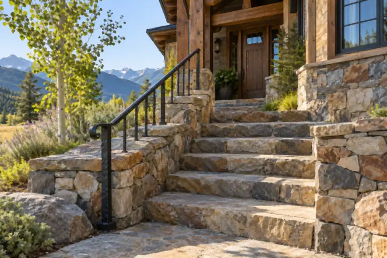 Stone steps between fieldstone walls at the front of a Montana home, with a black iron handrail running up beside them